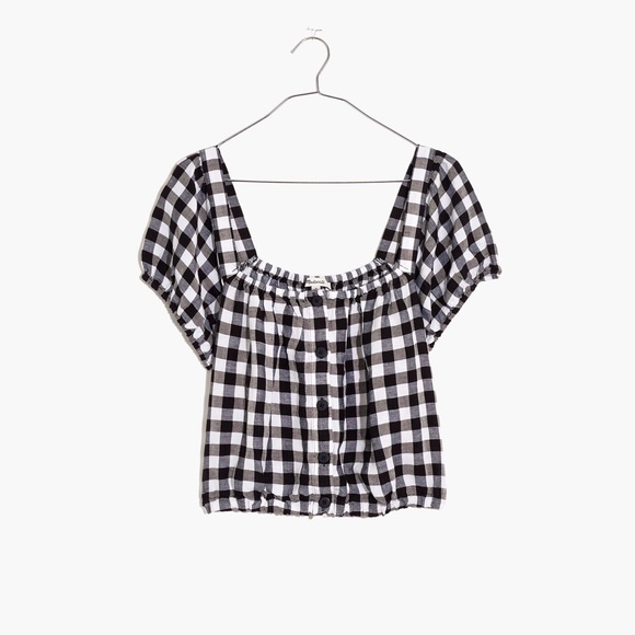 Madewell Tops - Madewell Linen-Blend Puff-Sleeve Button-Front Crop Top in Gingham Check